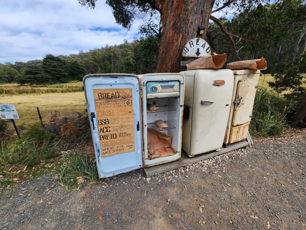 Honesty fridge - sourdough bread near family accommodation in Bruny Island